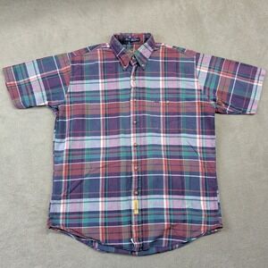 B.D. Baggies Shirt Size Large Mens Purple Green Plaid Cotton Short Sleeve Button